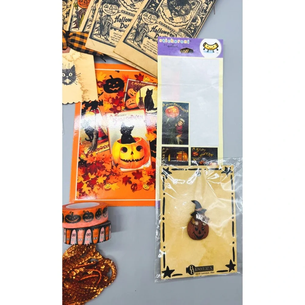 Vintage Halloween Ephemera Craft Lot Orange Black Stickers Tags Washi Tape